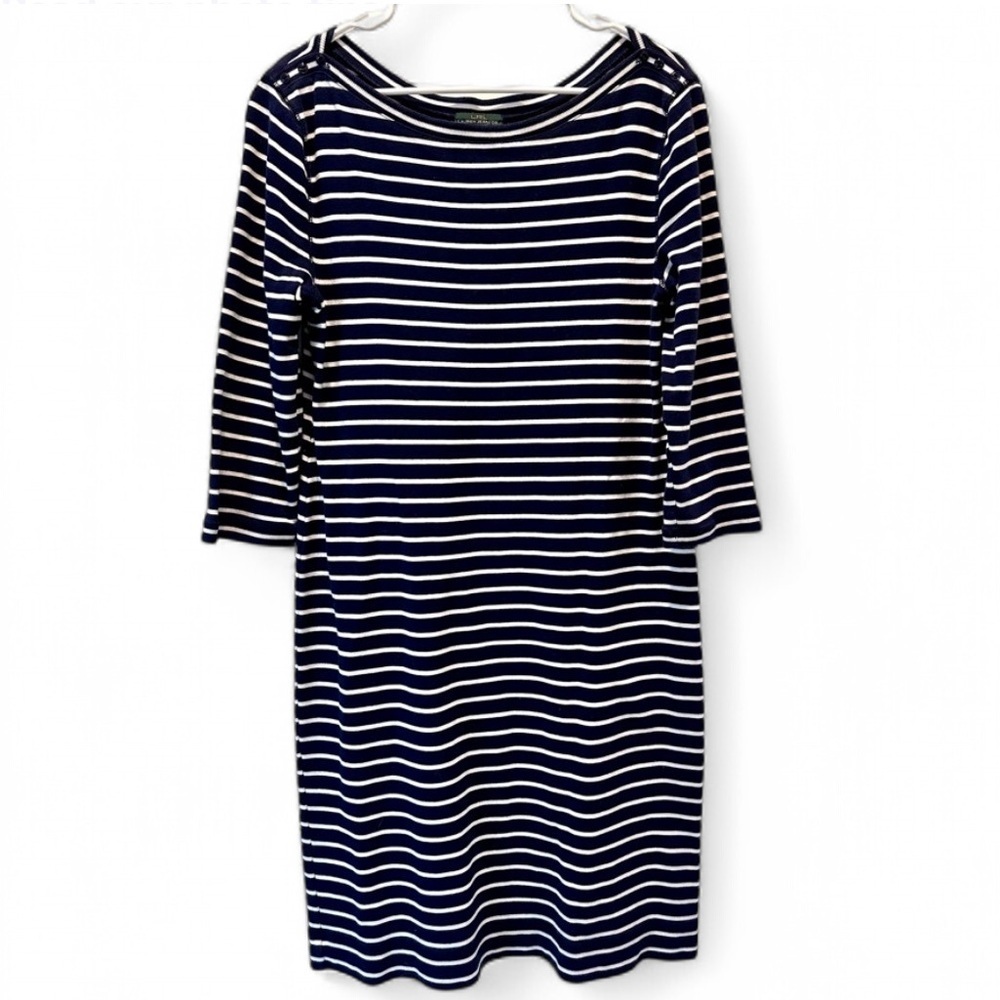 Lauren Ralph Lauren Striped Nautical Shirt Dress L Cotton 3/4 Sleeve Boatneck